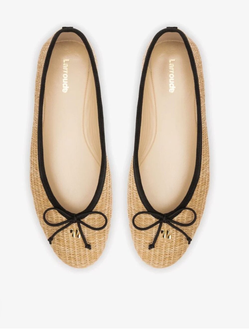 Larroude Pavlova Ballet Flat Natural Raffia Woven Black Trim 7.5 tan shoe
